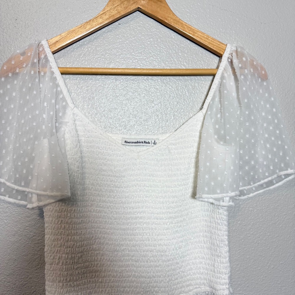 Abercrombie Fitch White Smocked Square Neck Puff Sleeve Mesh‎ Top Size S - Picture 5 of 6